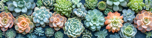 Various type of succulent cactus plants on blue background. Colorful miniature plants pattern. Botanic garden. Love nature, home plant concept. Flat lay, top view
