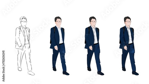 スーツを着てビジネスリュックを背負った メガネをかけた若い男性が歩いている姿