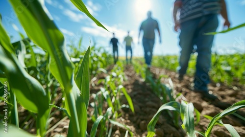 A group of farmers walking through fields of tall green crops that will be used for biofuel production showcasing the possibility of utilizing nonfood plants for renewable fuel sources. .