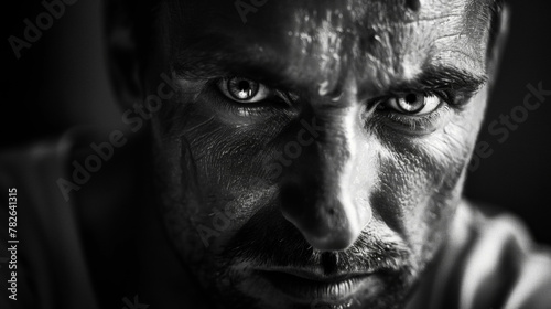 Strong and stoic a man is captured in a black and white portrait the contrast between light and dark adding depth to his intense gaze and creating a powerful and elegant monochromatic .