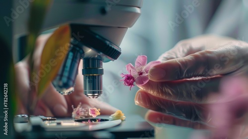 With deft fingers the botanist delicately prepares a new specimen carefully extracting a tiny fragment from a delicate flower petal to yze under the powerful lens of the microscope. .