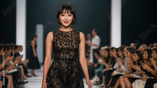 A model is walking on the runway at a fashion show, wearing a black dress