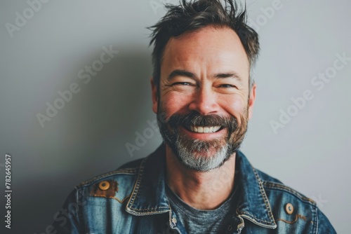 Portrait of handsome man with long beard and mustache smiling at camera
