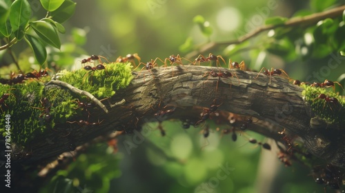 A macro shot capturing the intricate teamwork of ants as they construct a bridge out of various natural materials, showcasing their ability to overcome obstacles through cooperation and coordination