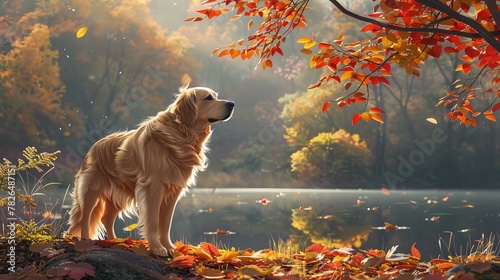 A majestic golden retriever standing proudly against the backdrop of a tranquil autumn lake, its fur glistening in the soft sunlight filtering through the colorful canopy above