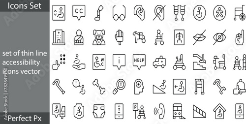 Disability icon set. Containing wheelchair, accessibility, blind, broken leg, disabled, assistance and deafness icons. Solid icon collection. Vector illustration.
