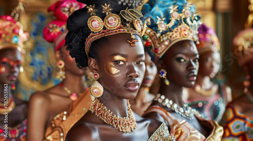 Against a backdrop of temples and pagodas a group of black models dressed in ornate traditional attire dazzle with their ornate jewelry and vividly hued headpieces. Each exudes a sense .