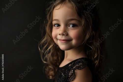 Portrait of a beautiful little girl in a black dress on a dark background