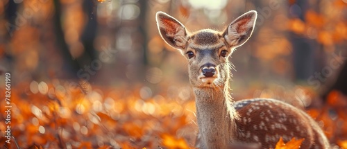 Deer in forest, close up, gentle eyes, autumn leaves, soft morning light