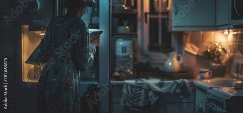 Person in pajamas holding pillow, standing dimly lit kitchen at night, contemplating
