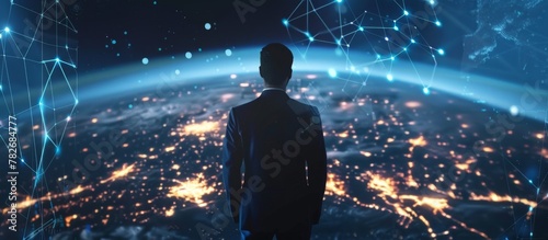 A man is standing in front of a digitally enhanced futuristic representation of Earth with a striking blue background