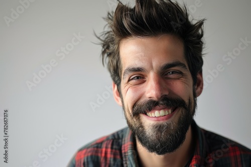 Portrait of a handsome young man with long beard and mustache smiling
