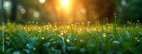 A macro closeup photo of green grass with natural sun light and dew on it in the evening 