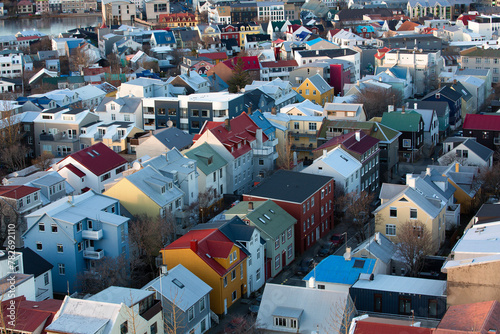 Overhead view of colorful buildings and homes in Reykjavik, Iceland 