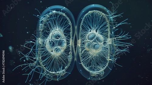 A timelapse sequence of a Paramecium dividing into two daughter cells highlighting the process of binary fission.