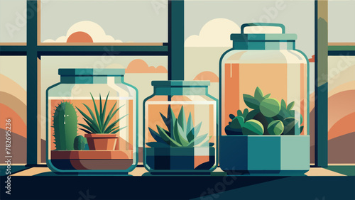 An assortment of glass jars of varying heights are stacked and glued together to form a unique terrarium perfect for displaying air plants and