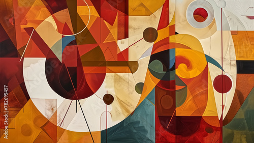 Abstract cubist art composition with geometric shapes. Modern digital painting with a warm color palette. Creative design for art gallery background, cubism-inspired wallpaper, or decorative print.