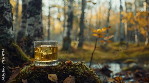 A single glass of birch sap, its freshness echoed in the tranquility of a woodland scene
