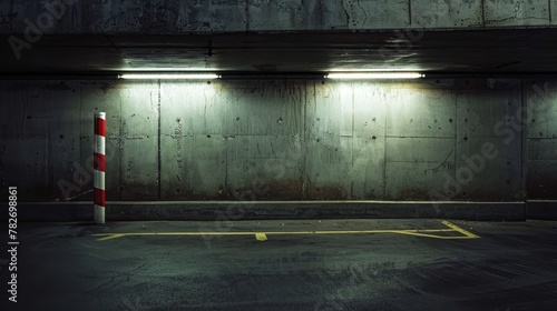 A lone barrier stands sentinel in the hushed, shadowy confines of an underground parking lot