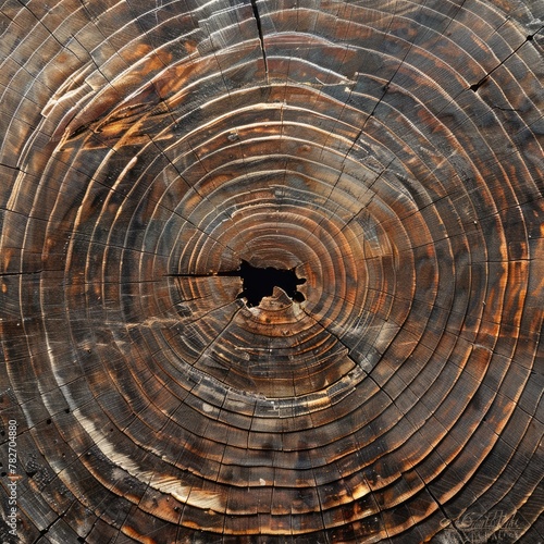 A cross section of a tree trunk, showing the growth rings.