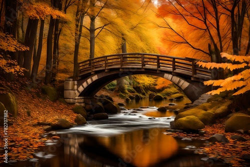 A quiet bridge crossing a stream, surrounded by the warmth of autumn hues.