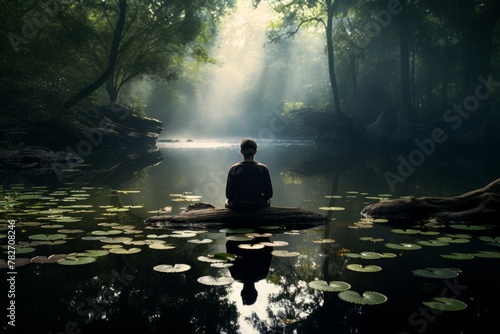 A contemplative reflection of a person meditating by a quiet pond