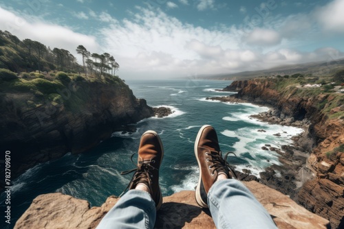 A traveler's feet dangling over a cliff's edge
