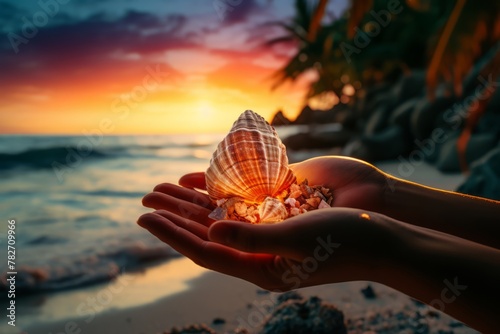 A traveler's hand holding a seashell