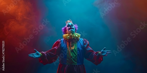 Vibrant Jester Comedian Performing in a Virtual Comedy Club with Colorful Lighting and Festive Atmosphere