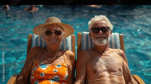 Enjoy life with senior couple enjoying sea travel Happy retired elderly couple sunbathing on the beach on a leisurely vacation.
