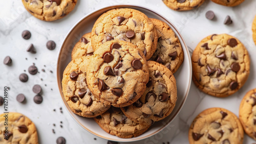 A plate of homemade chocolate chip cookies on a kitchen granite counter top.