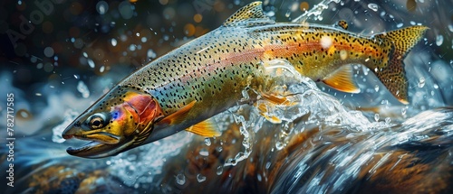 A rainbow trout leaping from a rushing river