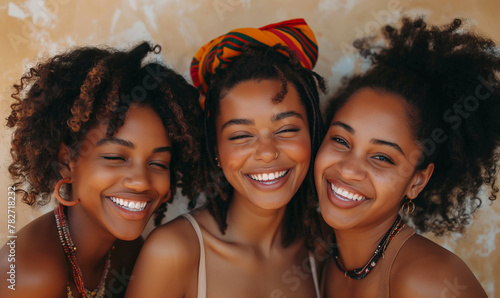 Young african women of various races are laughing at the camera roll, beige background