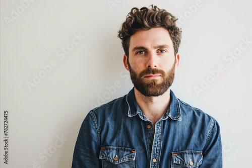 Portrait of a handsome young man with a beard wearing a denim shirt