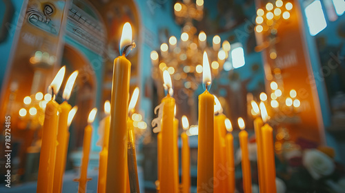 Golden Church Candles, Soft Focus, Spiritual Warmth Style, Suitable for Religious Ceremony Programs and Spiritual Meditation Backgrounds