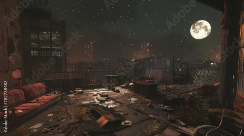 An abandoned rooftop littered with old furniture and debris the moonlight it in an eerie glow. . .