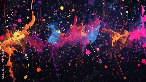 Ultraviolet fluorescent paint splatters on a black canvas