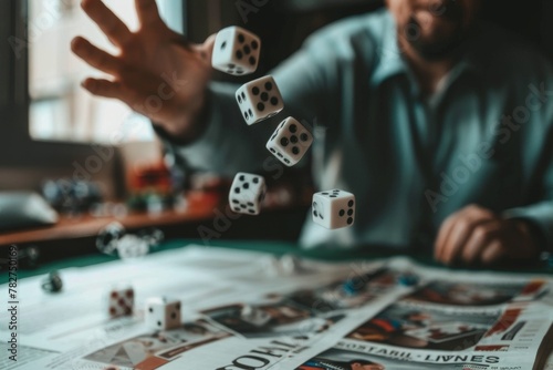 Intense Trader Throwing Dice on Financial Newspaper, Representing Risk in Stock Market Investments and the Chaos of Decision-Making.