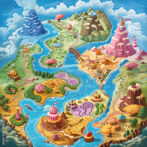 A fantasy map of a candy world, with regions marked by their specialty sweets and sugary rivers.