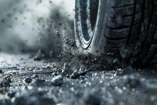 Close-up of Tire Leaving a Trail of Fine Particles on the Road, Illustrating Tyre and Road Wear Concept.