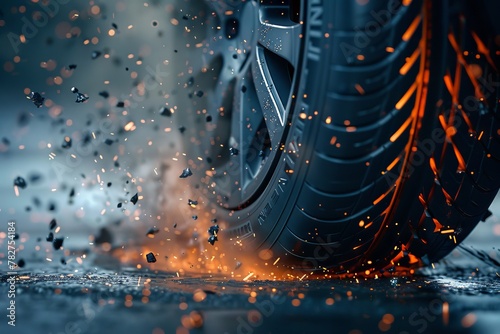 Detailed Close-up of Tyre Particles Breaking Off and Dispersing in the Environment, Illustrating Chaos and Interaction.