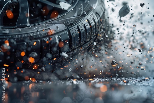 Detailed Visualization of Tire Particles Breaking Off and Interacting with the Environment, Emphasizing Chaos and Particle Dispersion Concept.