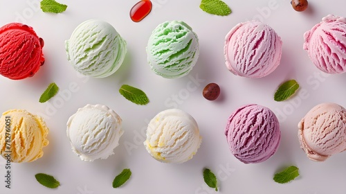 Assorted of scoops ice cream. Colorful set of ice cream of different flavours. Top view of ice cream isolated with mint, sauce