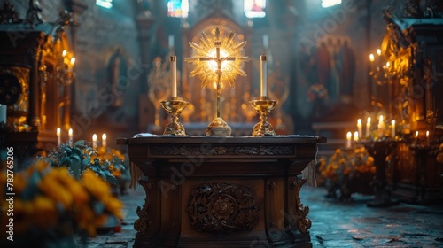 Catholic religion concept. Catholic symbols composition. The Cross, monstrance, Holy Bible and golden chalice on wooden altar. 
