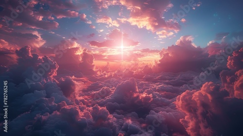 Christian cross appeared bright in the sky with soft fluffy clouds, white, beautiful colors. With the light shining as hope, love and freedom in the sky background 
