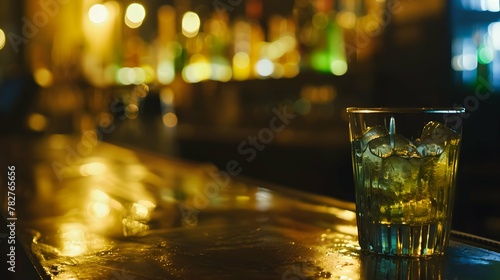 glass of alcoholic drink on counter in bar