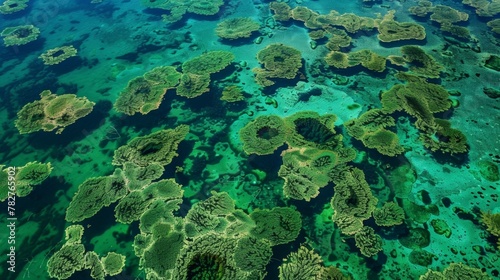 An aerial view of a vast expanse of crystal clear blue water dotted with patches of vibrant green algae floating atop the surface. The algae appears to form intricate patterns hinting .