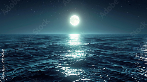 Moonlit Seascape, Tranquil seascape with a full moon reflecting over calm waters at night.