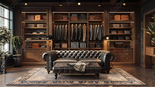 Elegant men's fashion boutique featuring a sophisticated black sofa.