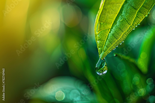 A close-up of a single dewdrop suspended on the tip of a vibrant green leaf, reflecting the surrounding forest canopy in its surface. 32k, full ultra hd, high resolution